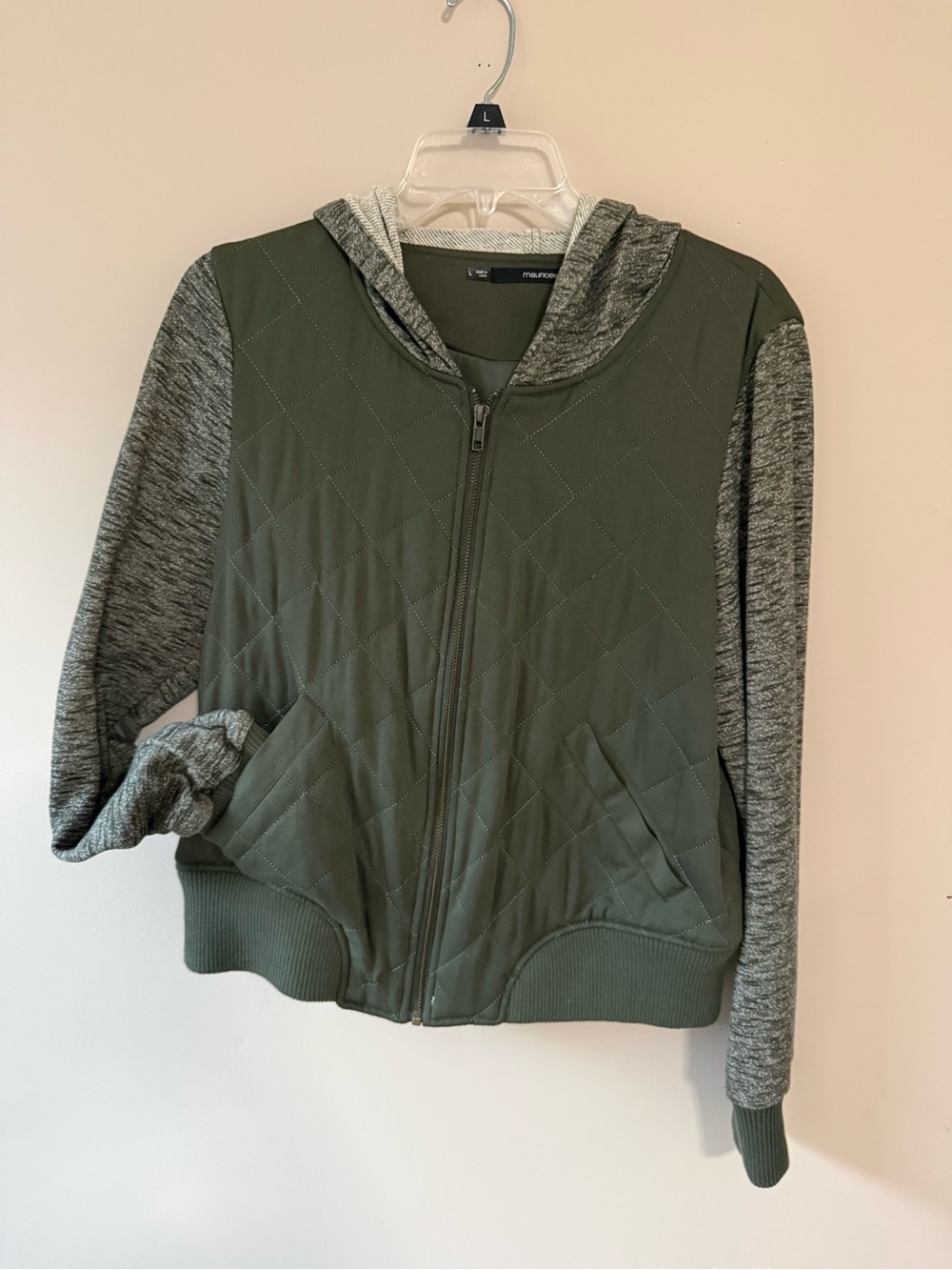 Madison Quilted Bomber Jacket with Heather Gray Sleeves - Olive & Heather Gray